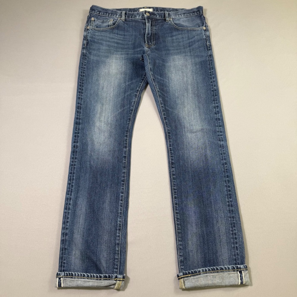 Uniqlo Selvedge Slim Straight Jeans Mens 34x32 Blue Low Rise Medium Wash Denim
